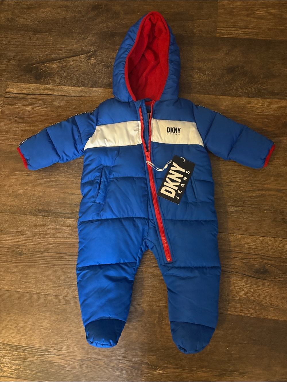 DKNY Blue & Red Infant Puffer One-Piece Footie with White Chest Stripe